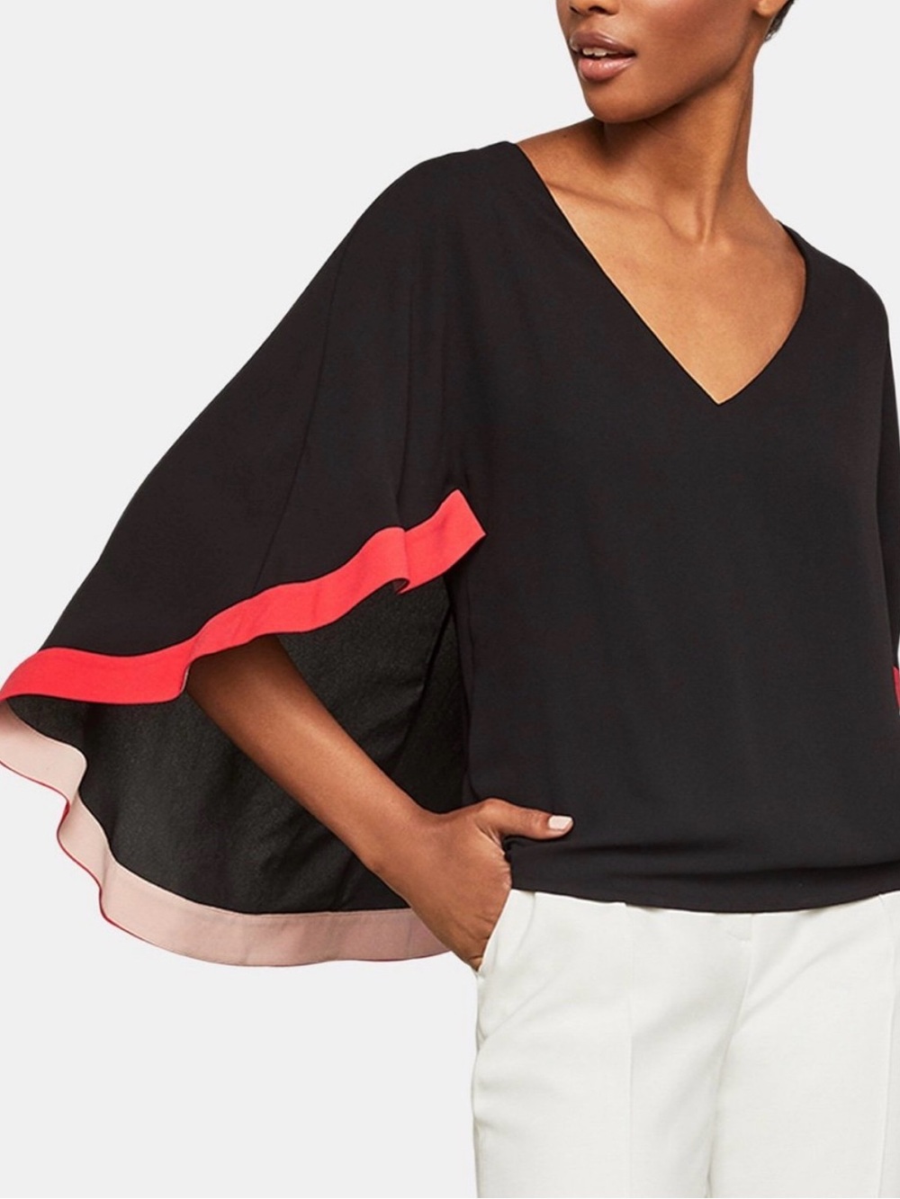 BCBGMAXAZRIA Charmaine Flutter Sleeve Cape Top Red Trim V Neck Poncho Blouse XS